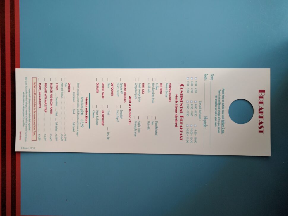 Ontbijt Room Service Menukaart