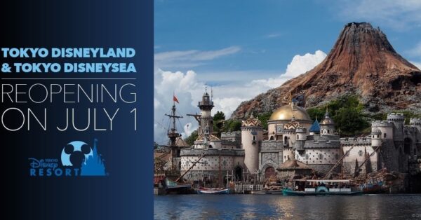 Reopening banner of Tokyo Disneyland and DisneySea